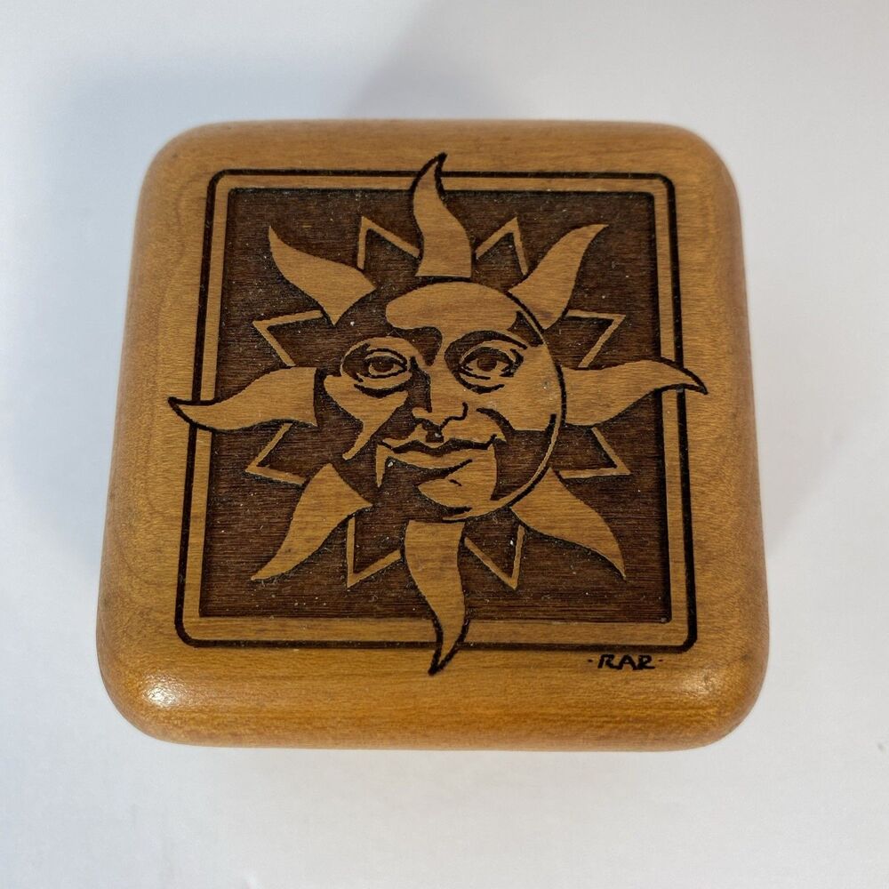 Celestial Sun Face Wood Trinket Box Jewelry Keepsake Boho Folk Art 2 1/4"